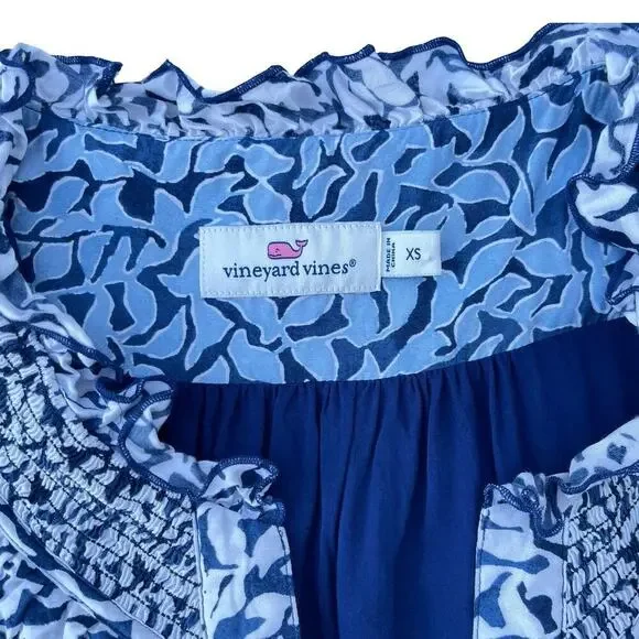 Vineyard Vines Silk Blend Flowy Short Sleeve Dress Blue Leaf Print - Size XS - Picture 4 of 10
